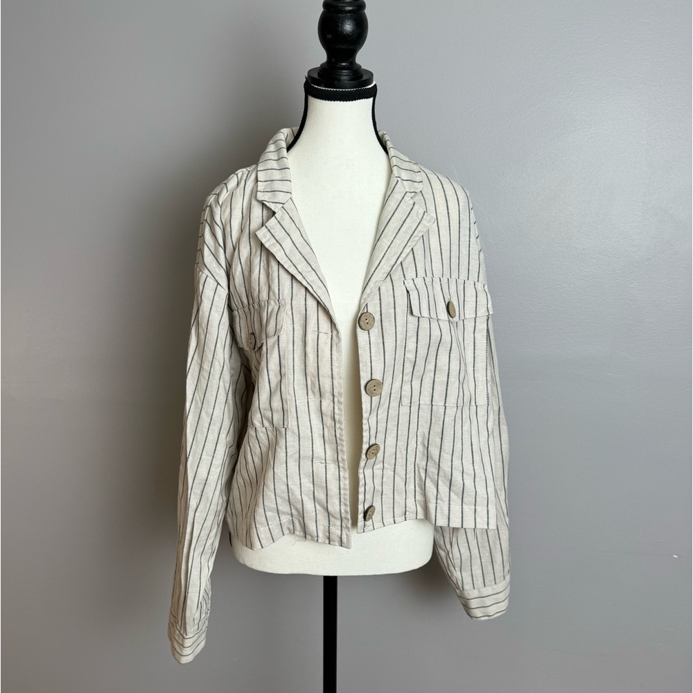 April Kiss linen blend button down striped crop long sleeve shirt